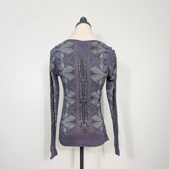Y2K Henley Long Sleeve Top S Blue Floral Twilightcore Elena Bella Boho Vneck - Picture 3 of 11